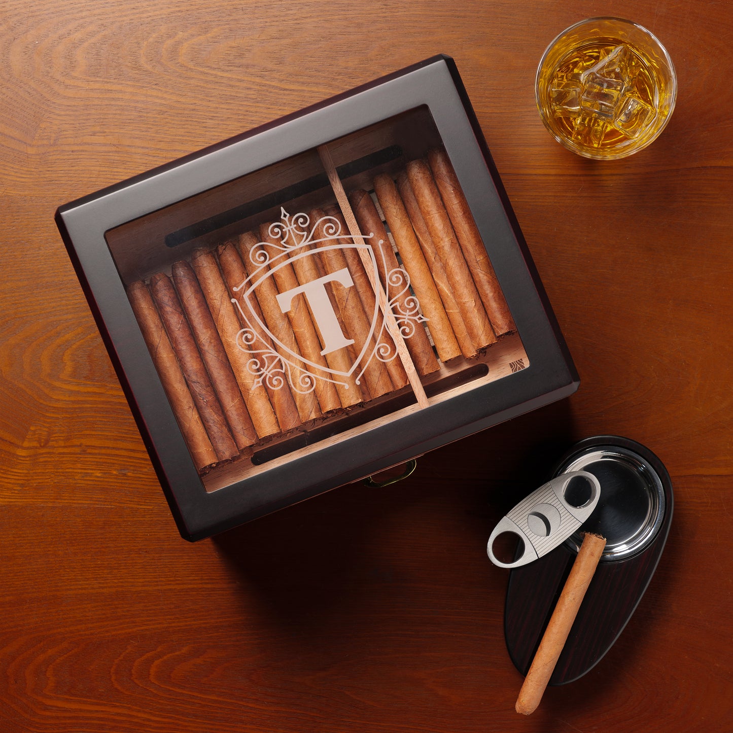 Enstatite A5043 Monogrammed Cigar Humidor, 25-50 CT, Ebony Finish