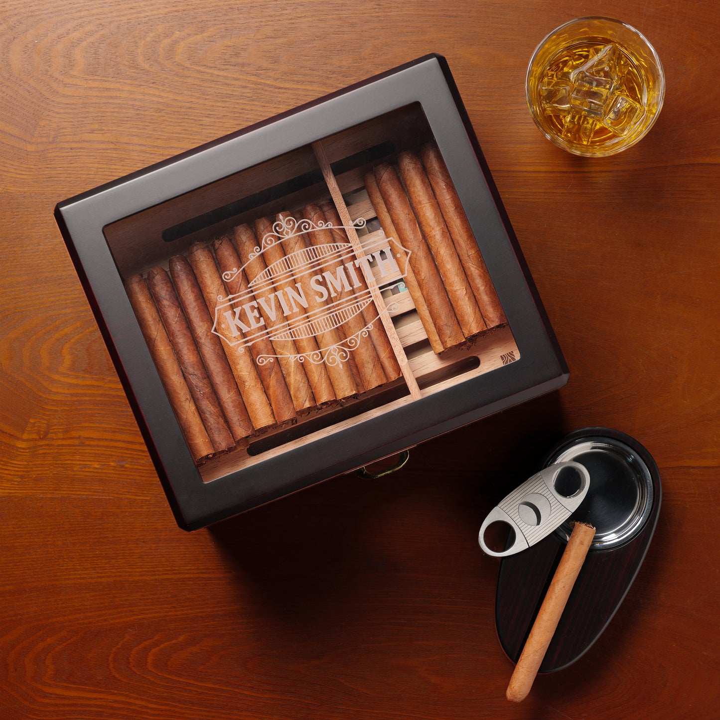 Enstatite A5043 Monogrammed Cigar Humidor, 25-50 CT, Ebony Finish
