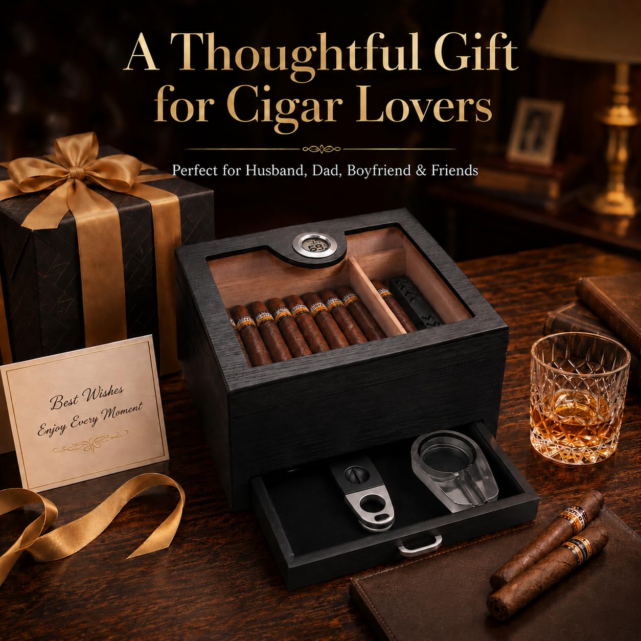 Desktop Cigar Humidor with Drawer | 50 Cigar Set