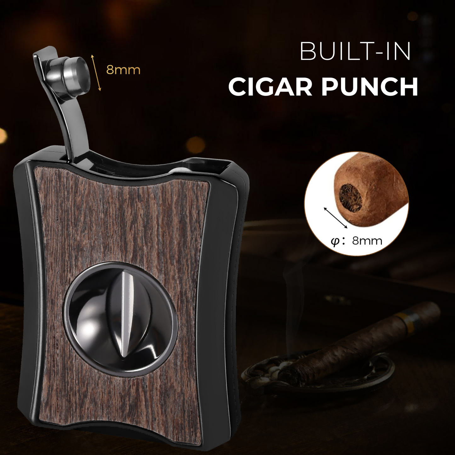 A5075 Cigar V-Cutter with Punch, Wenge Wood Inlay