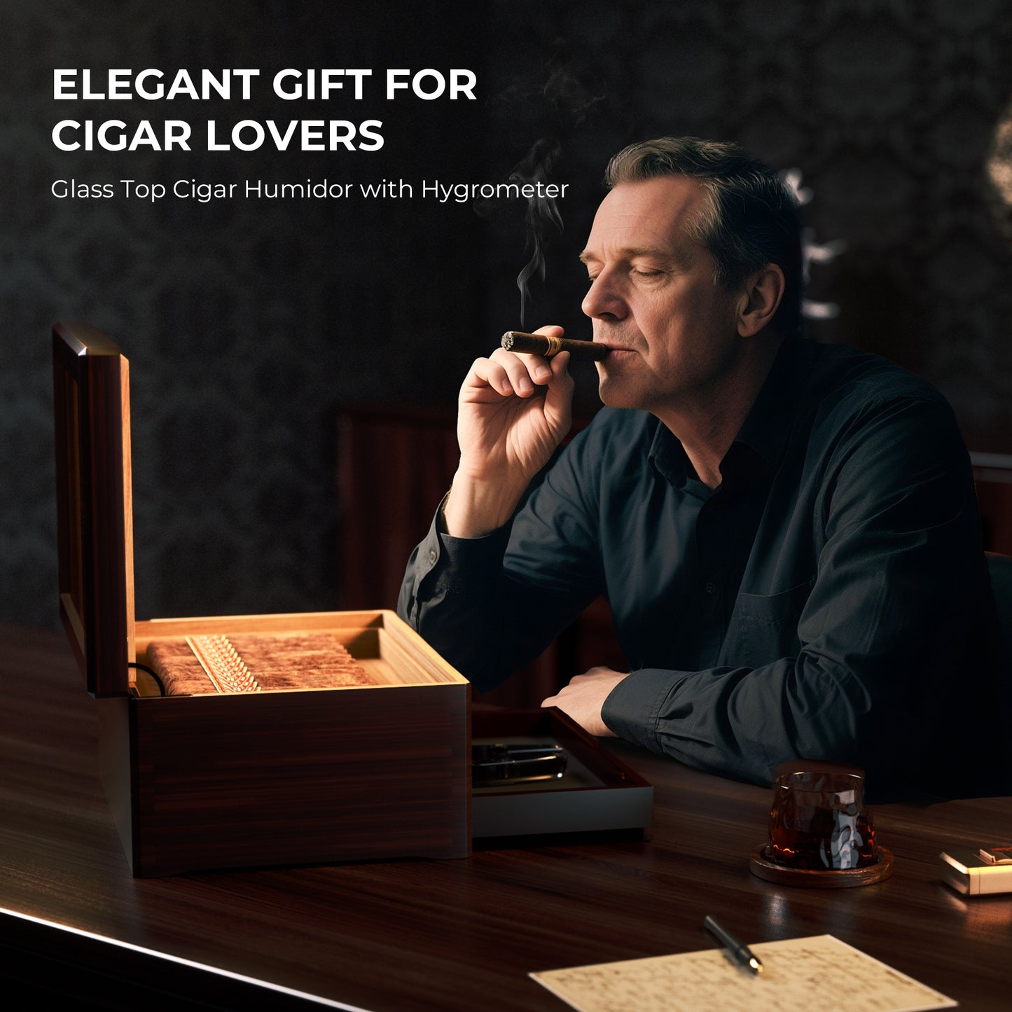 Elegant cigar humidor as a premium gift for cigar lovers, shown in a sophisticated home office setting with a man enjoying a cigar.