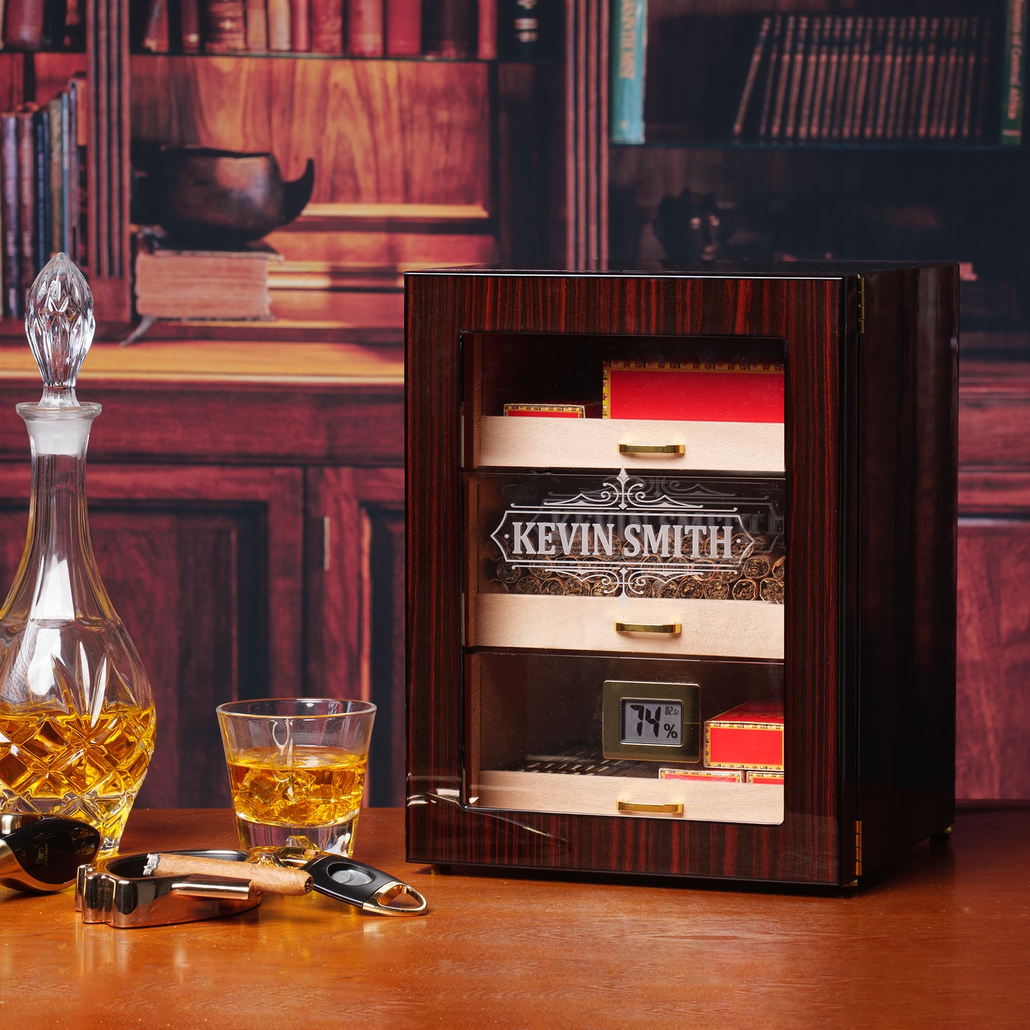 Custom engraved cigar humidor with shield-style border, highlighting elegant personalization options for gifting.