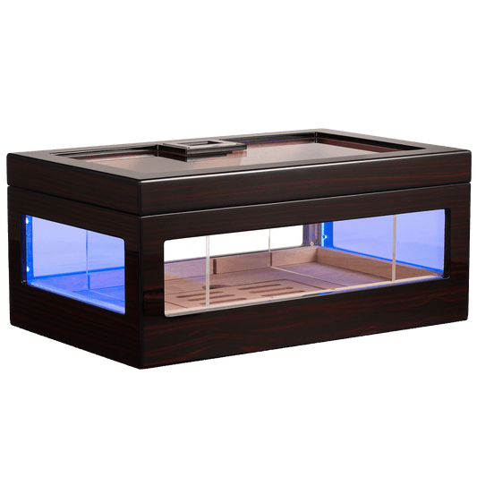 Ebony wood cigar humidor with RGB LED lighting, glass windows, and Spanish cedar interior, ideal for premium cigar display and storage.