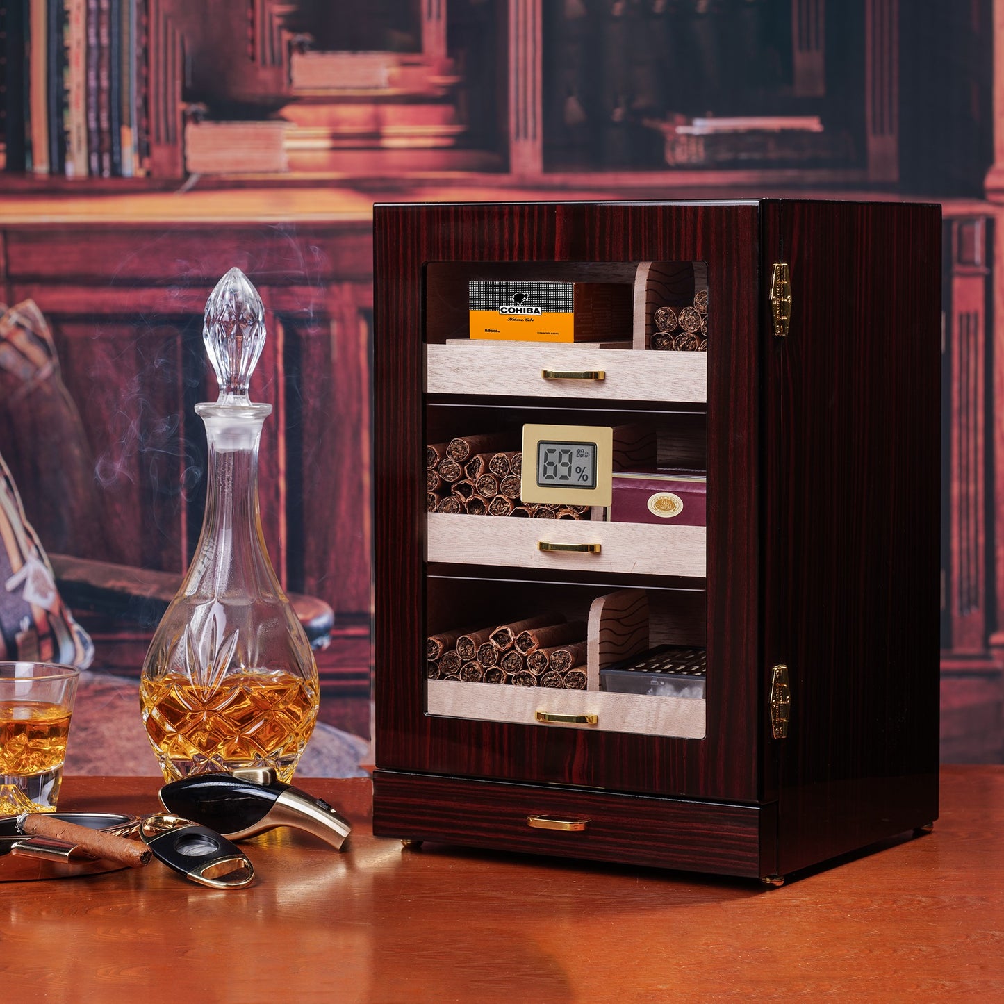 Ebony wood humidor displayed with whiskey decanter, cigar cutter, and ashtray, ideal for premium home bar decor and gifting.