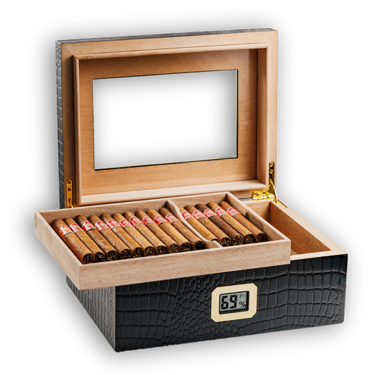 Black croc-embossed cigar humidor with glass top, digital hygrometer, and Spanish cedar interior, holding premium cigars for display.
