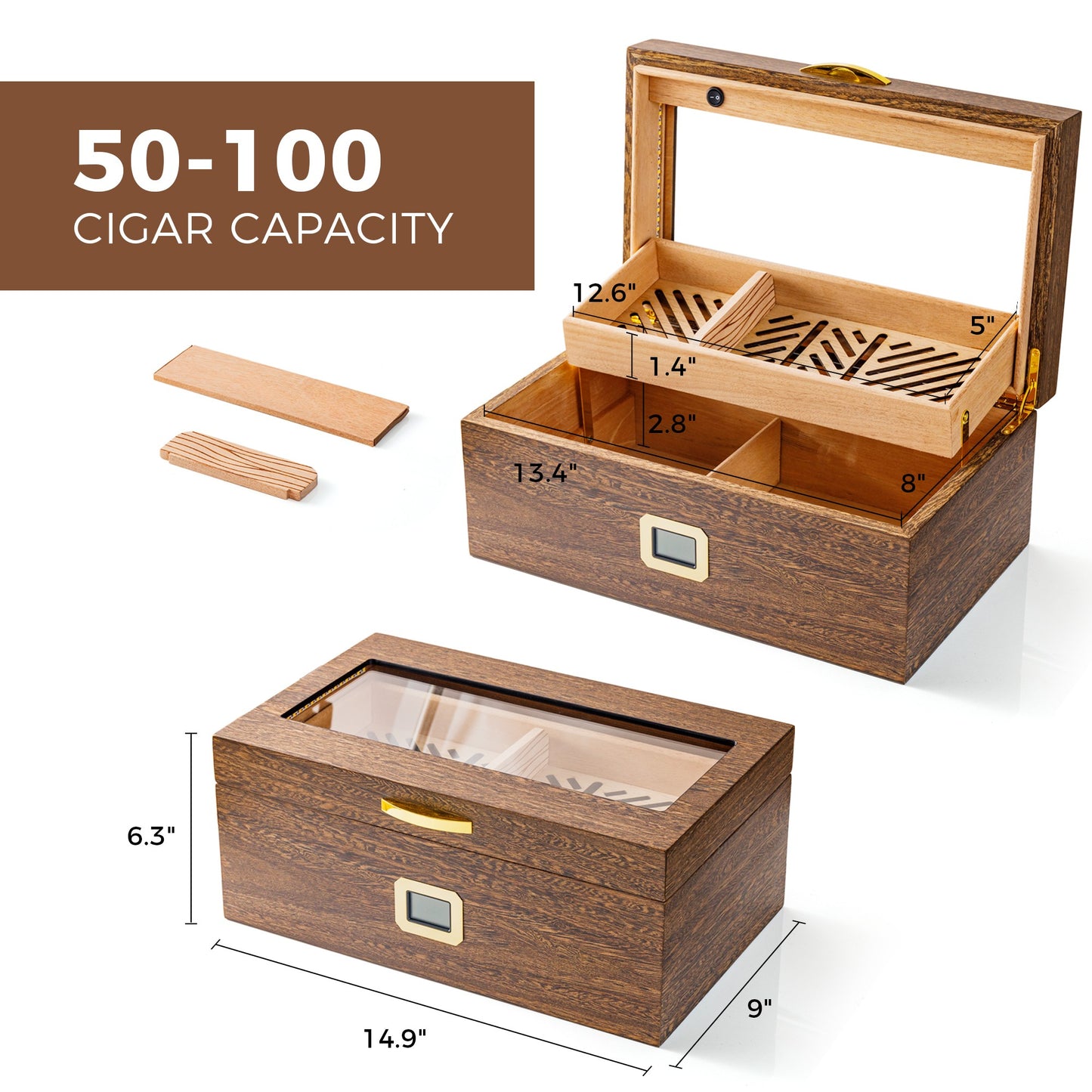 50-100 cigar capacity humidor with dimensions 14.9x9x6.3 inches, featuring removable dividers and 2-tiered design for flexible storage.