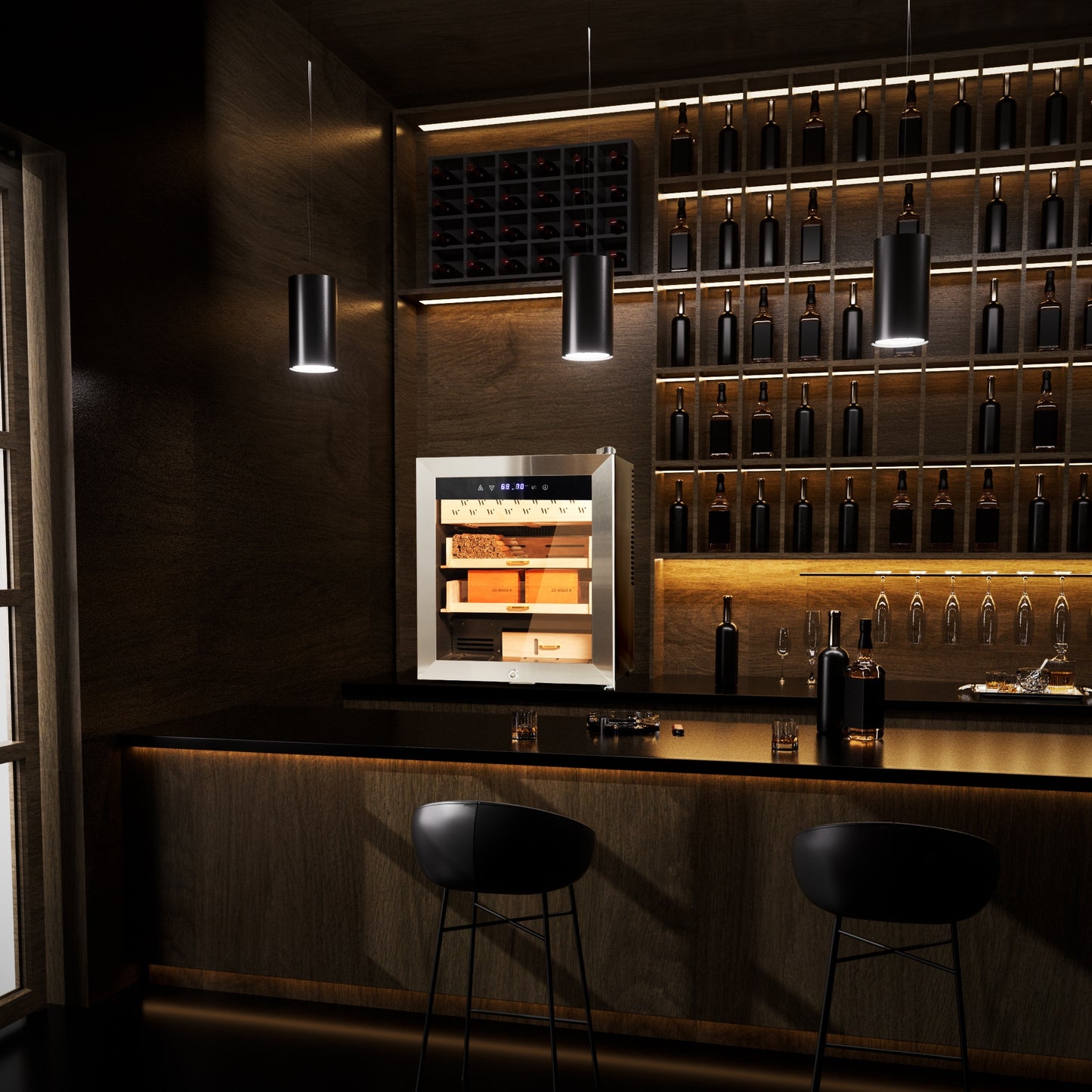 Stainless steel electric humidor integrated into a modern home bar, pairing with wine storage for elegant entertaining.