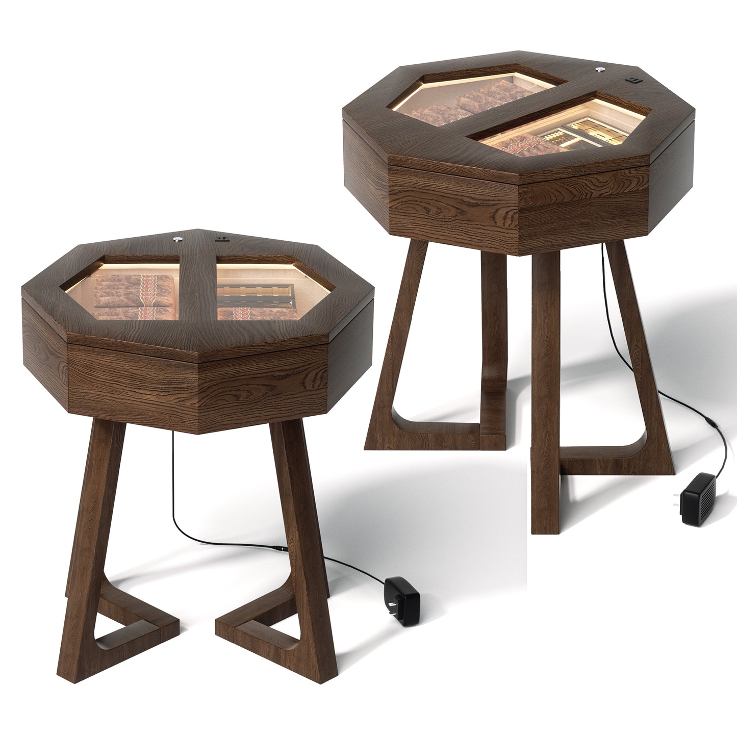 Two solid wood octagon humidor tables with LED-lit cigar storage, highlighting modern design and functional cigar storage.