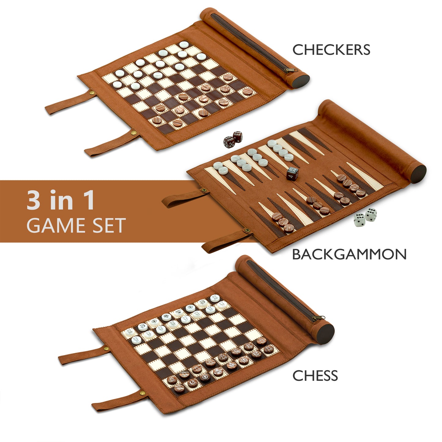 A5039C Backgammon Chess Checkers Set, PU Leather