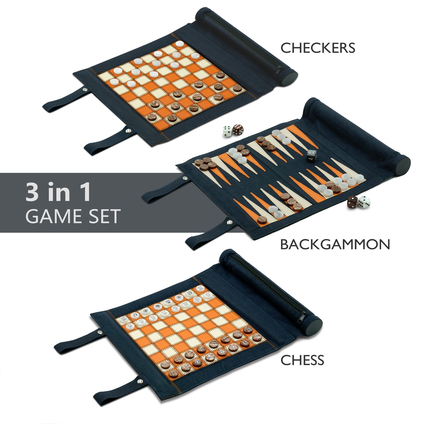 A5039N Backgammon Chess Checkers Set, PU Leather