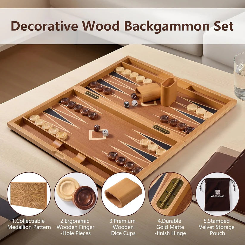 A5047 Backgammon Set, Chip Carved with Multiple Wood Veneers