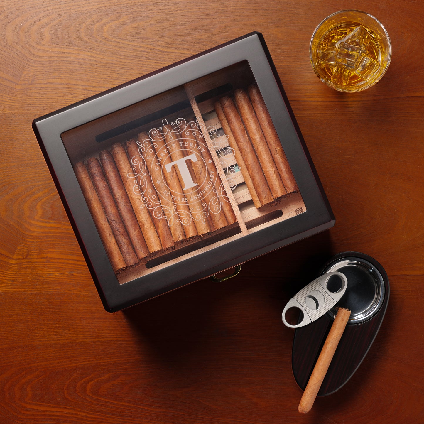 Enstatite A5043 Monogrammed Cigar Humidor, 25-50 CT, Ebony Finish
