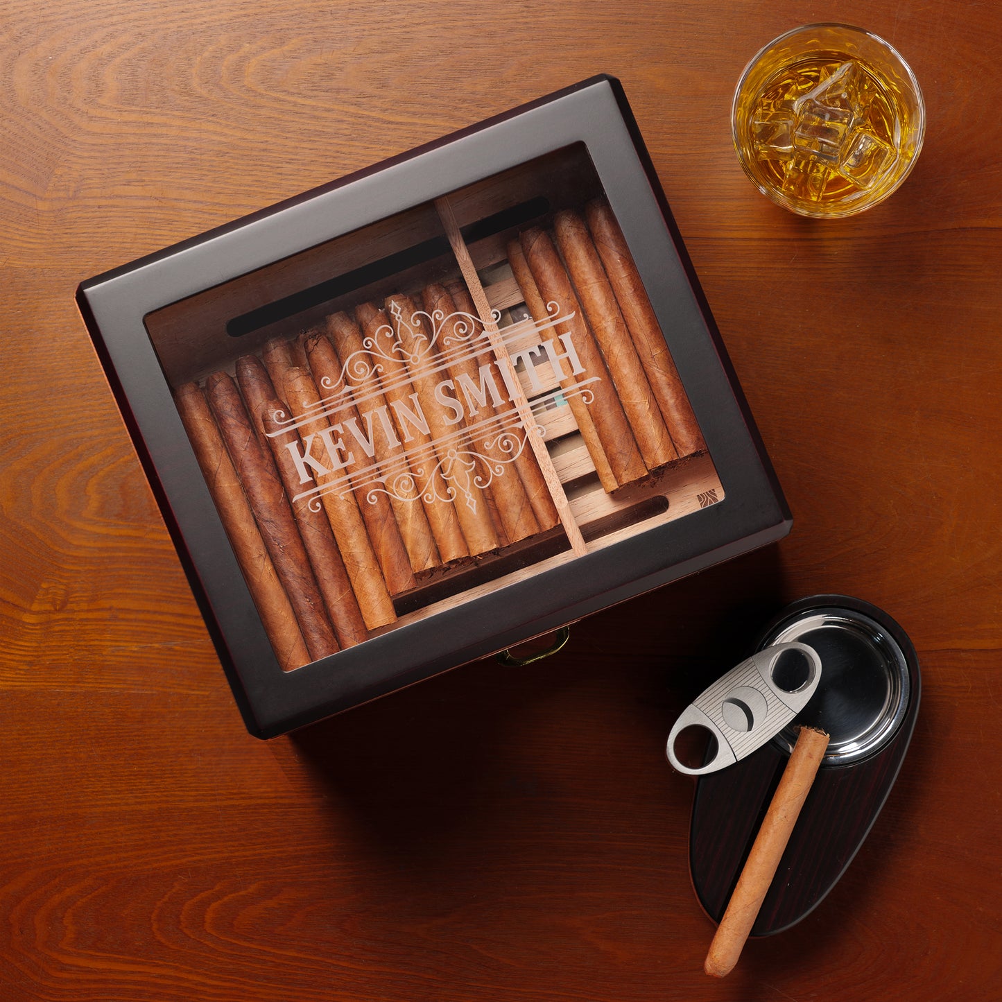 Enstatite A5043 Monogrammed Cigar Humidor, 25-50 CT, Ebony Finish