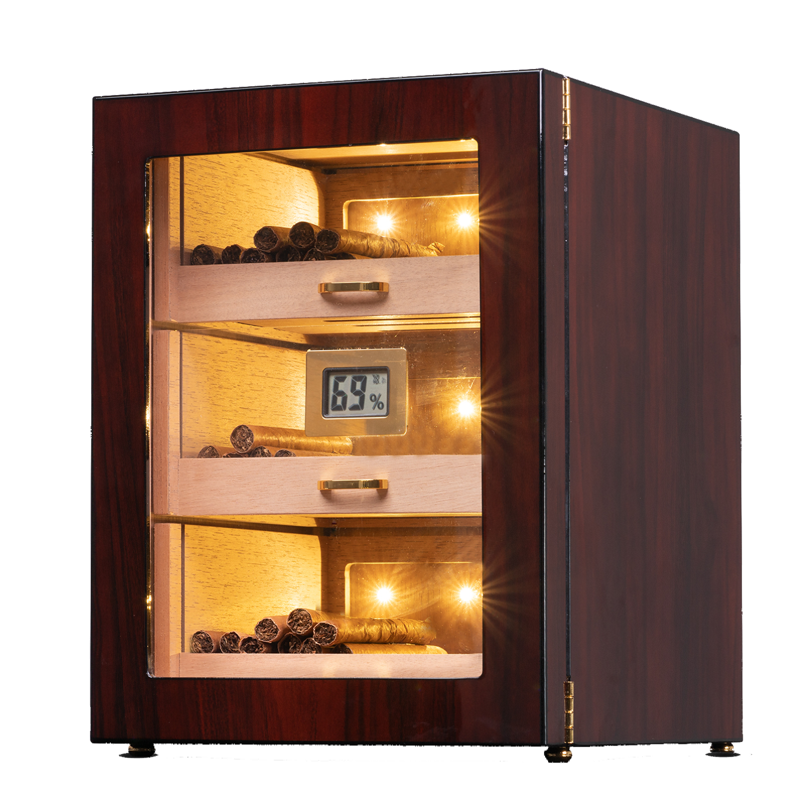 Woodronic Led Lighted Cigar Humidor Cabinet With Digital Hygrometer For 100 To 150 Cigars Spanish Cedar Lining 3 Larger Drawers And 2 Humidifiers