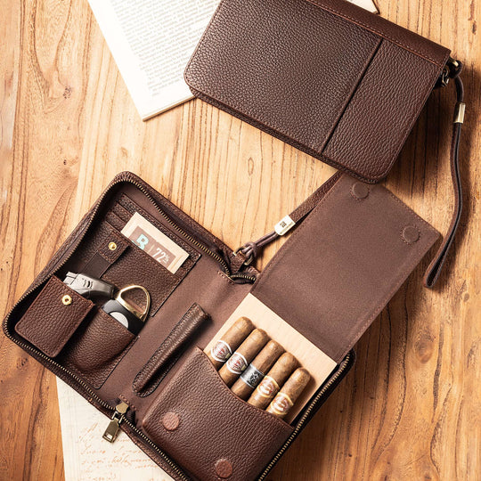 Woodronic Emberro Large Travel Cigar Case: Genuine Leather Organizer with Cedar Tray & Boveda 72% Pack