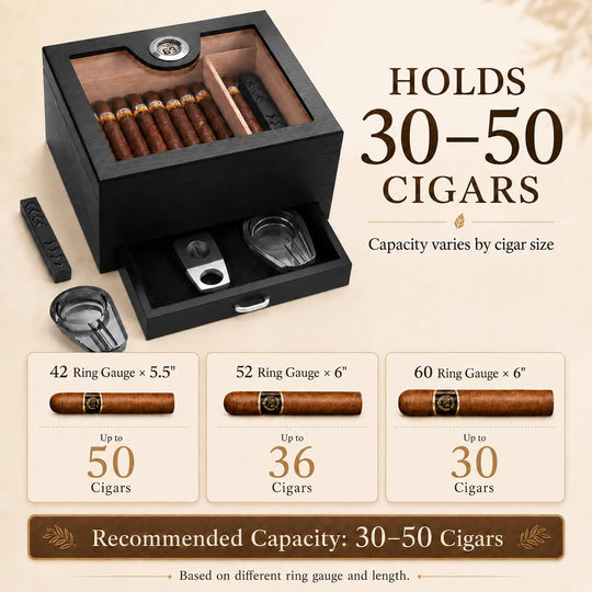 Desktop Cigar Humidor with Drawer | 50 Cigar Set