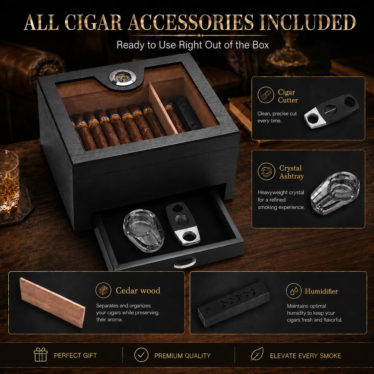 Desktop Cigar Humidor with Drawer | 50 Cigar Set