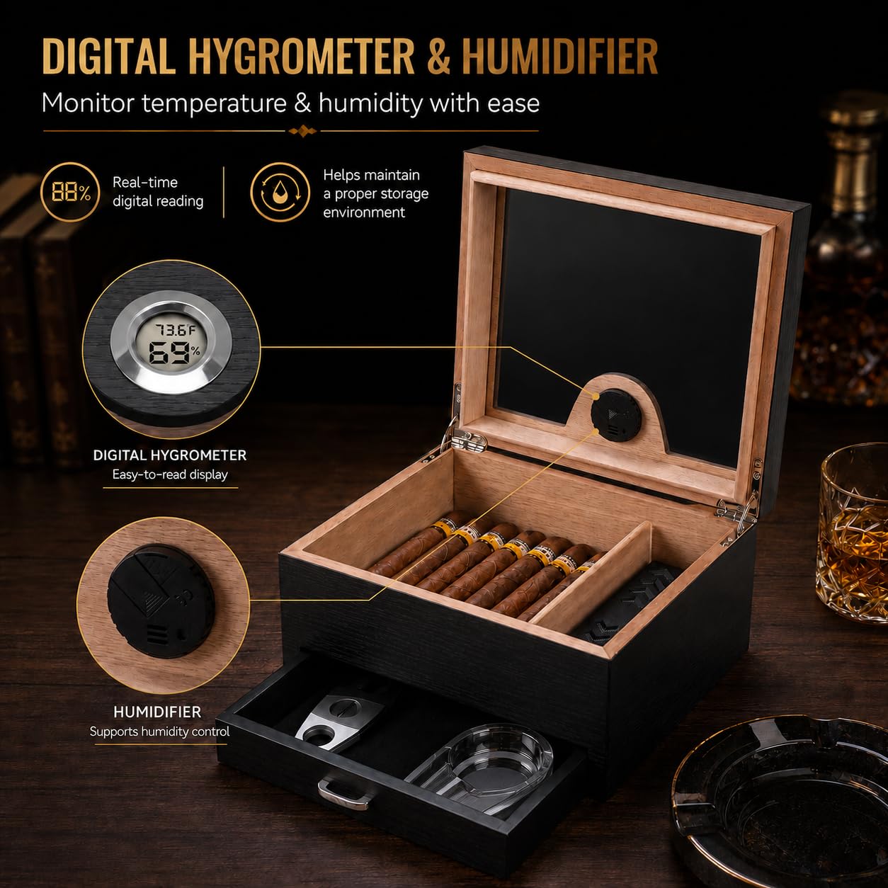 Desktop Cigar Humidor with Drawer | 50 Cigar Set