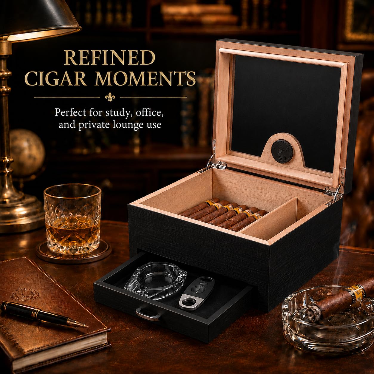 Desktop Cigar Humidor with Drawer | 50 Cigar Set