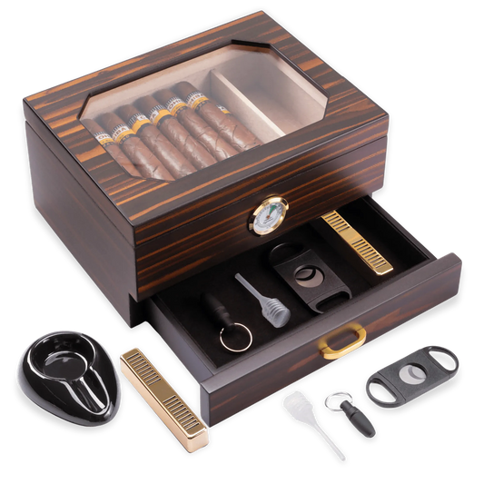 Woodronic Glass Top Cigar Humidor with Accessory Drawer & Digital Hygrometer