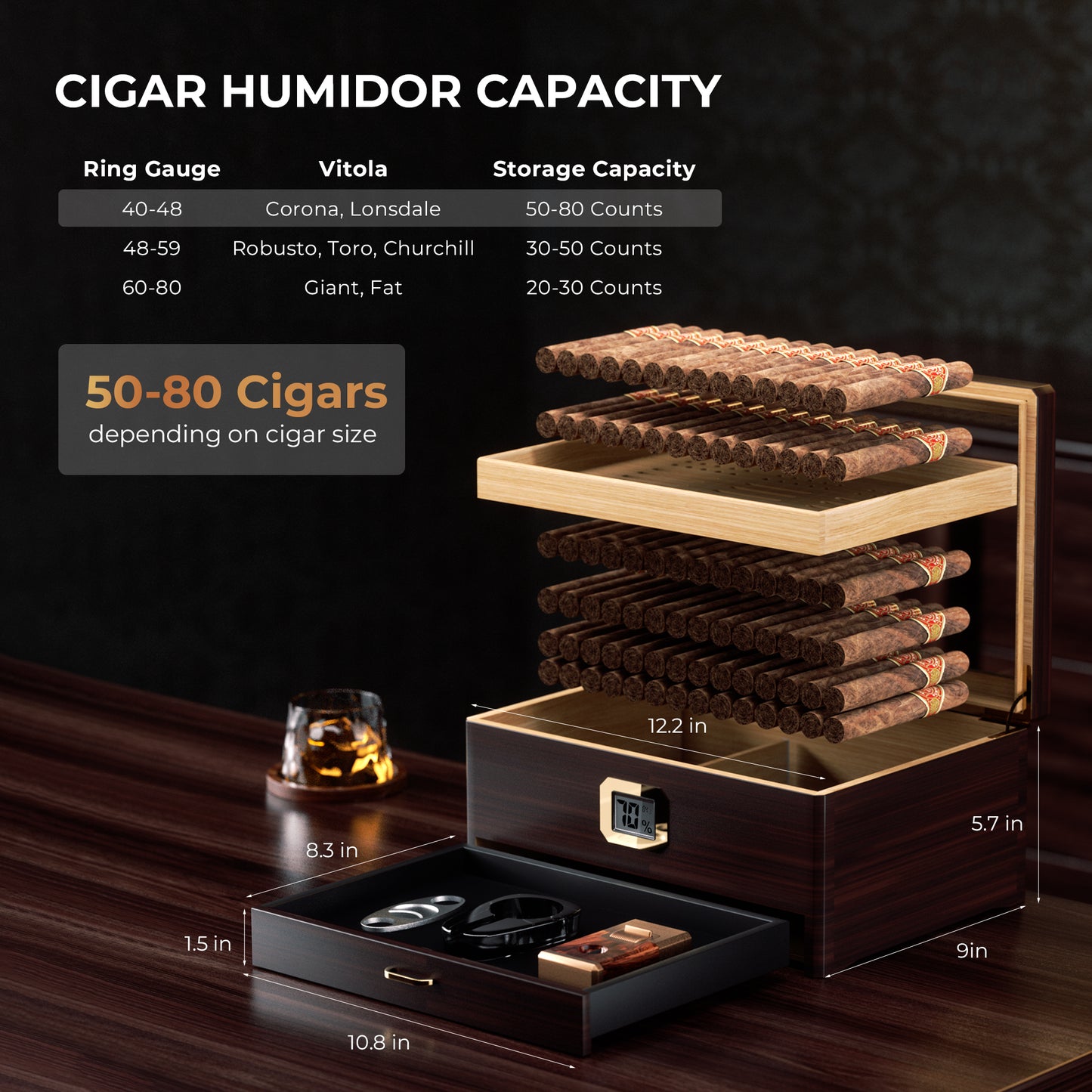 Woodronic Luxury Cigar Humidor: Spanish Cedar Case with Accessory Drawer, Tray & 2x Boveda 72% Packs for 80 Cigars