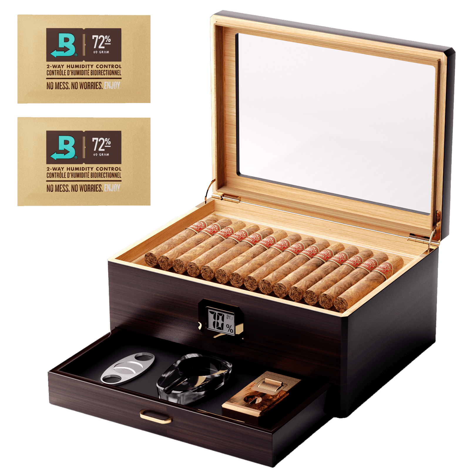 Ebony wood cigar humidor with glass top, digital hygrometer, accessory drawer, and Boveda 72% humidity packs, ideal for cigar storage.