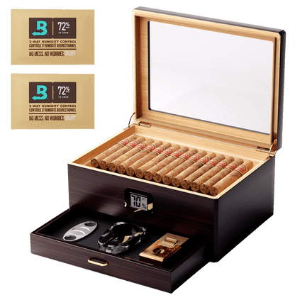 Ebony wood cigar humidor with glass top, digital hygrometer, accessory drawer, and Boveda 72% humidity packs, ideal for cigar storage.
