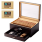 Ebony wood cigar humidor with glass top, digital hygrometer, accessory drawer, and Boveda 72% humidity packs, ideal for cigar storage.