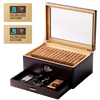 Ebony wood cigar humidor with glass top, digital hygrometer, accessory drawer, and Boveda 72% humidity packs, ideal for cigar storage.