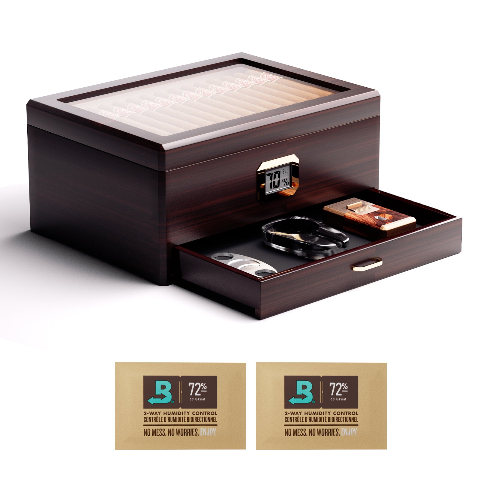 Closed ebony wood cigar humidor with glass lid, digital hygrometer, and pull-out accessory drawer, perfect for desktop display.