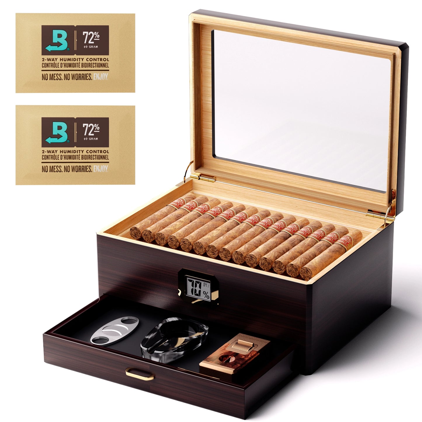 Woodronic Luxury Cigar Humidor: Spanish Cedar Case with Accessory Drawer, Tray & 2x Boveda 72% Packs for 80 Cigars