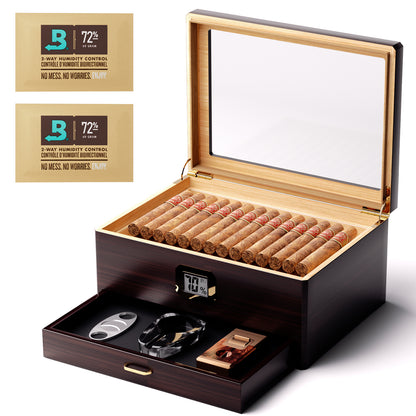 Ebony wood cigar humidor with glass top, digital hygrometer, accessory drawer, and Boveda 72% humidity packs, ideal for cigar storage.