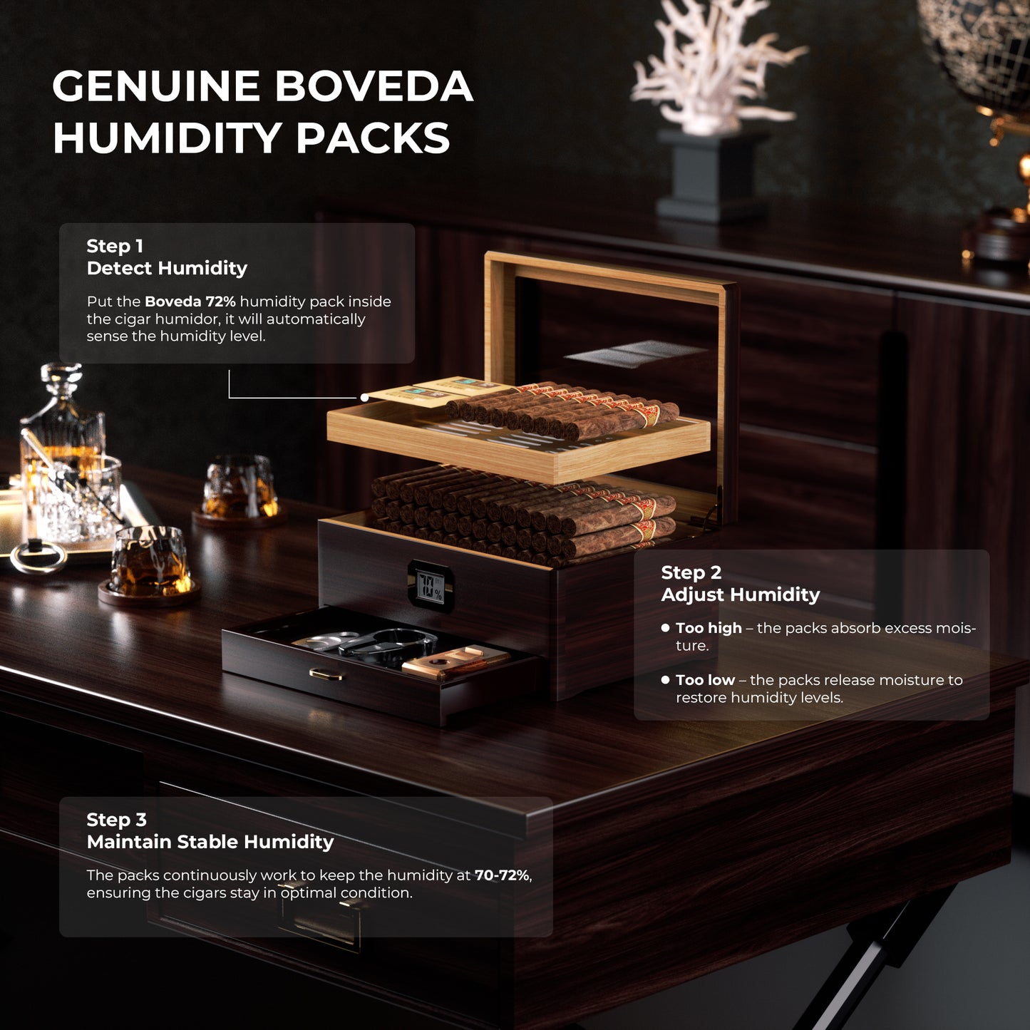 Woodronic Luxury Cigar Humidor: Spanish Cedar Case with Accessory Drawer, Tray & 2x Boveda 72% Packs for 80 Cigars