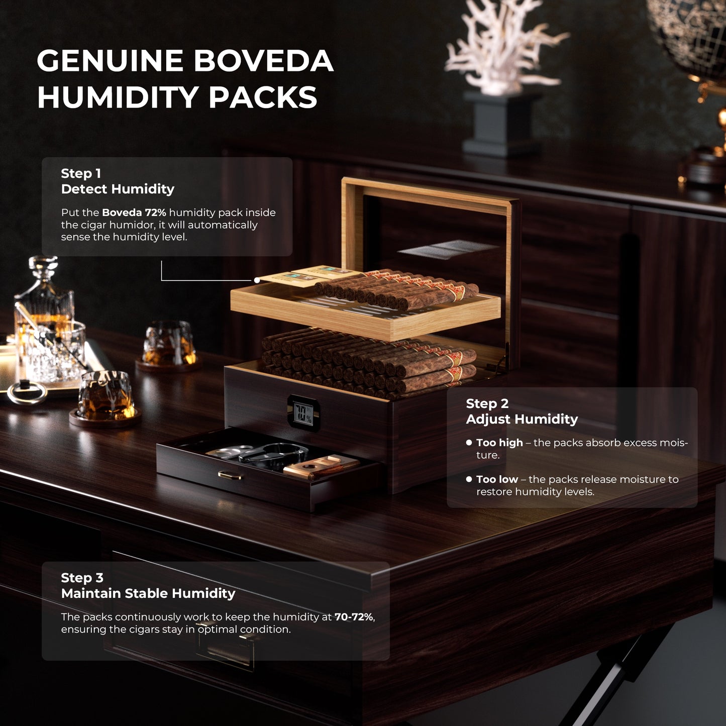 Woodronic Luxury Cigar Humidor: Spanish Cedar Case with Accessory Drawer, Tray & 2x Boveda 72% Packs for 80 Cigars