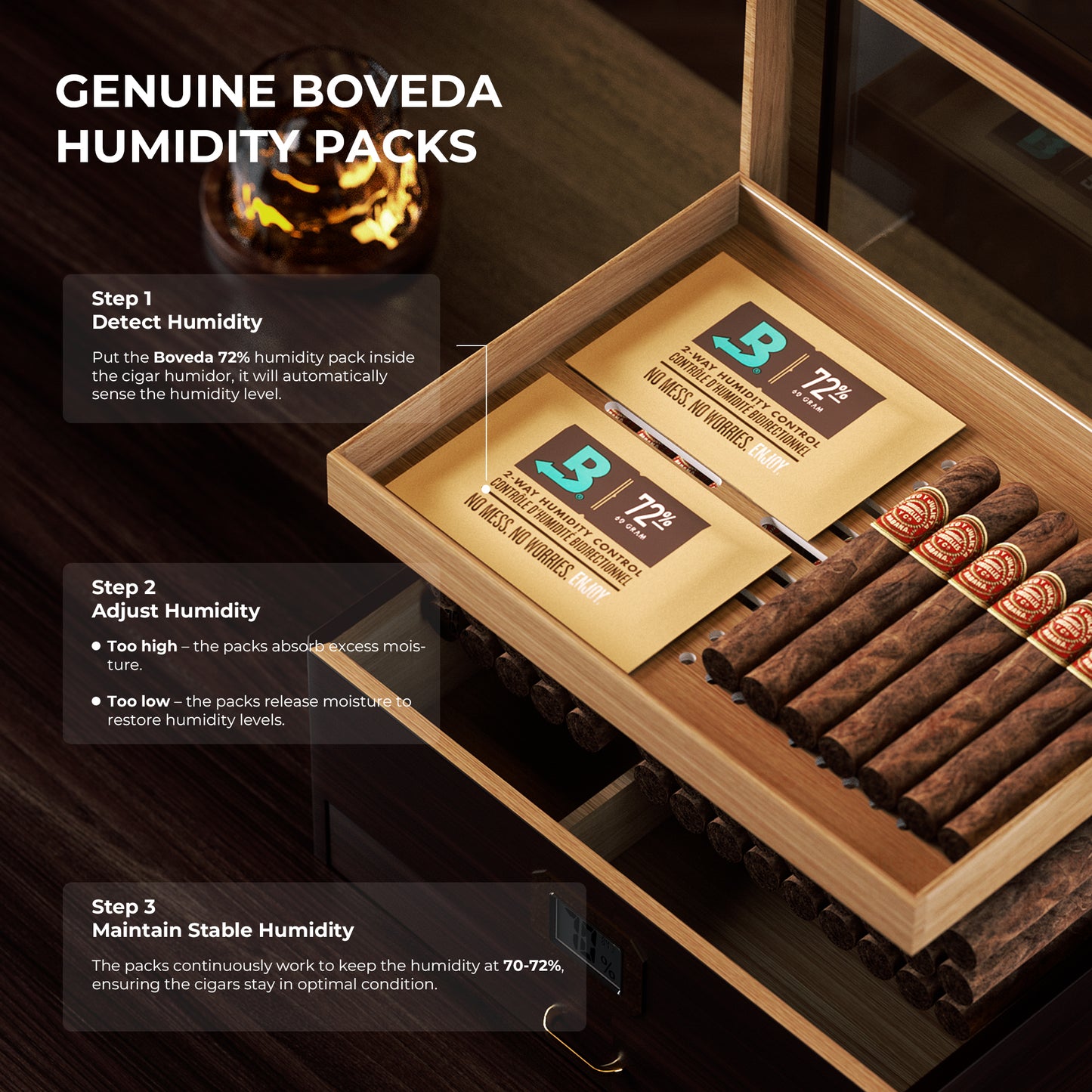 Woodronic Luxury Cigar Humidor: Spanish Cedar Case with Accessory Drawer, Tray & 2x Boveda 72% Packs for 80 Cigars