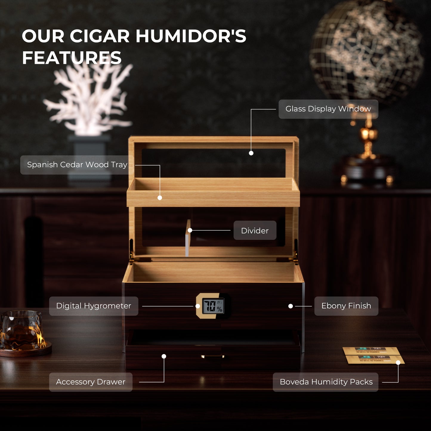 Woodronic Luxury Cigar Humidor: Spanish Cedar Case with Accessory Drawer, Tray & 2x Boveda 72% Packs for 80 Cigars