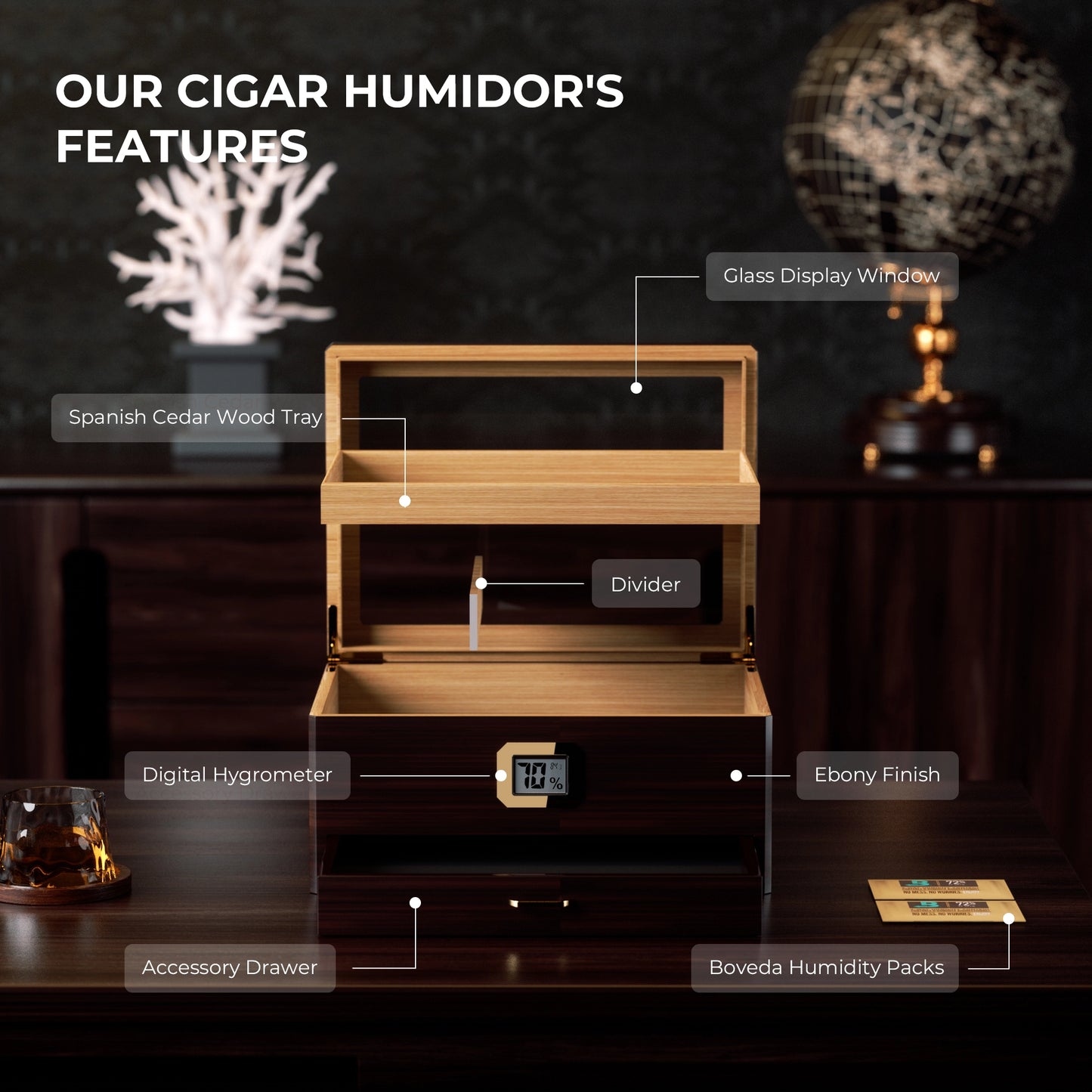 Woodronic Luxury Cigar Humidor: Spanish Cedar Case with Accessory Drawer, Tray & 2x Boveda 72% Packs for 80 Cigars