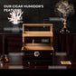 Cigar humidor features infographic: glass window, Spanish cedar tray, divider, digital hygrometer, accessory drawer, and ebony finish.