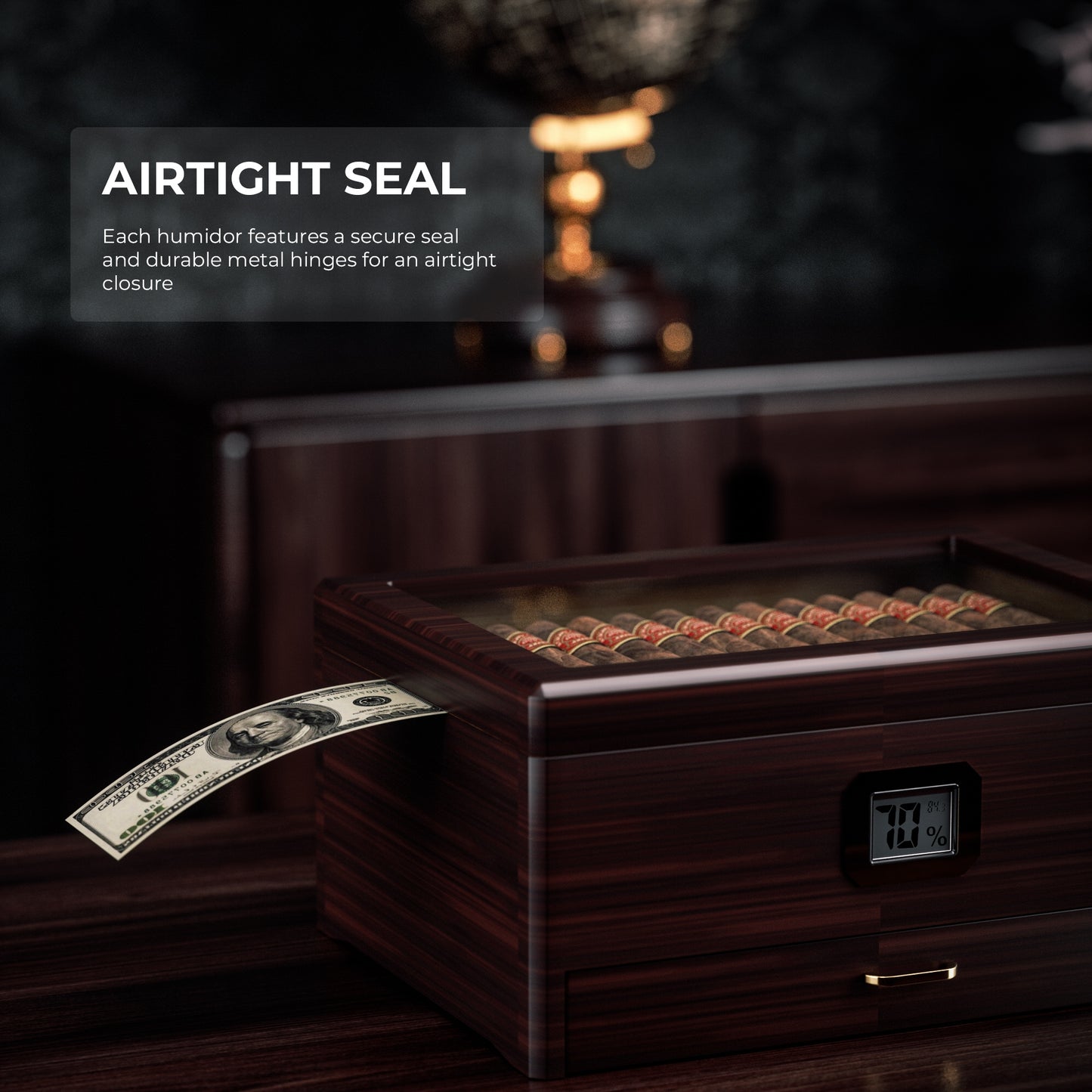 Cigar humidor with airtight seal demonstration, showing secure closure and durable metal hinges for consistent humidity retention.