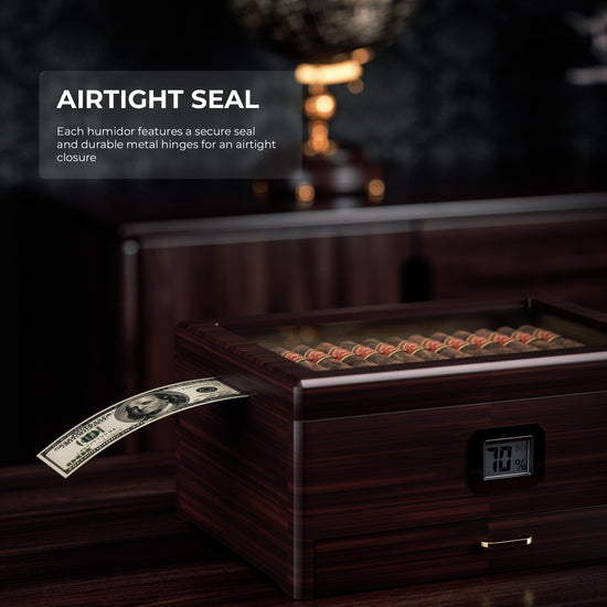 Cigar humidor with airtight seal demonstration, showing secure closure and durable metal hinges for consistent humidity retention.