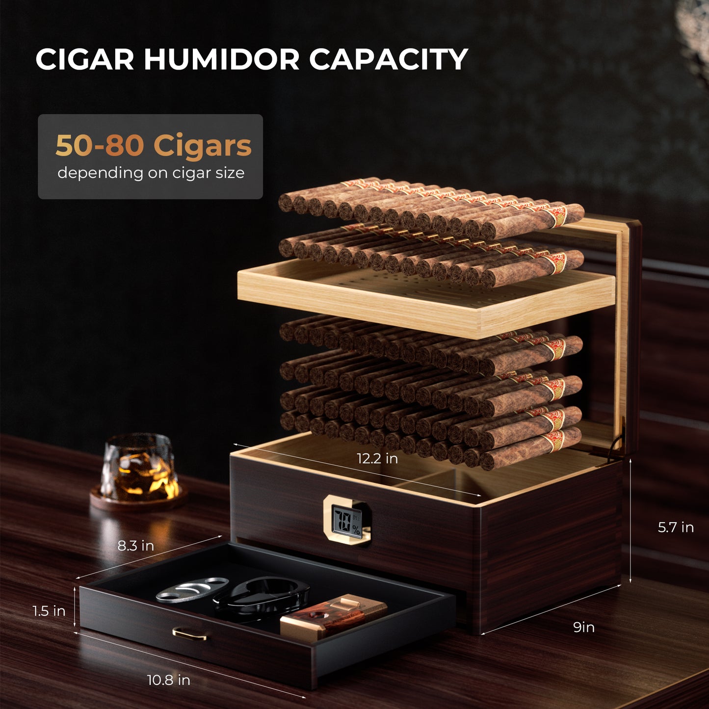 Woodronic Luxury Cigar Humidor: Spanish Cedar Case with Accessory Drawer, Tray & 2x Boveda 72% Packs for 80 Cigars