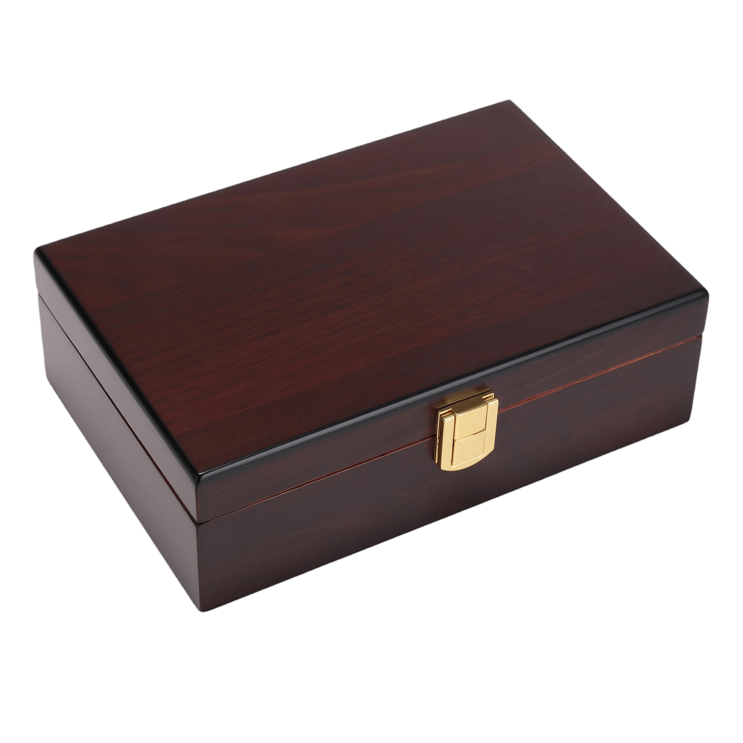 A closed, rectangular wooden cigar humidor with a glossy dark reddish-brown finish, featuring a gold-colored metal clasp at the front center.