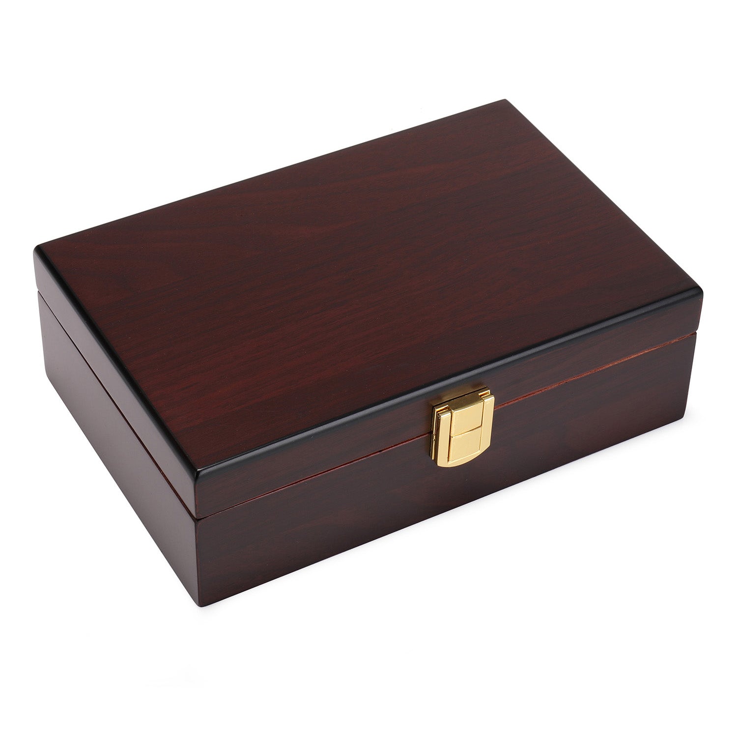 A closed, rectangular wooden cigar humidor with a glossy dark reddish-brown finish, featuring a gold-colored metal clasp at the front center.
