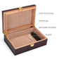 An open cigar humidor displaying its labeled internal components: Cedar Wood Lining, Metal Hinge, Removable Humidifier, and Dropper, against the light brown cedar interior.