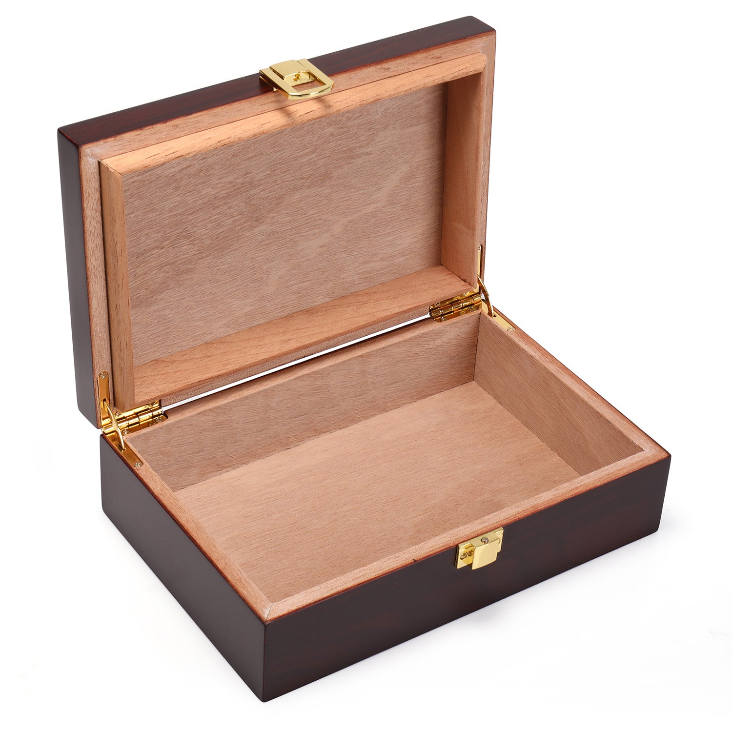 An empty, open cigar humidor revealing its full light brown cedar wood interior, with gold-colored metal hinges and a front clasp visible.