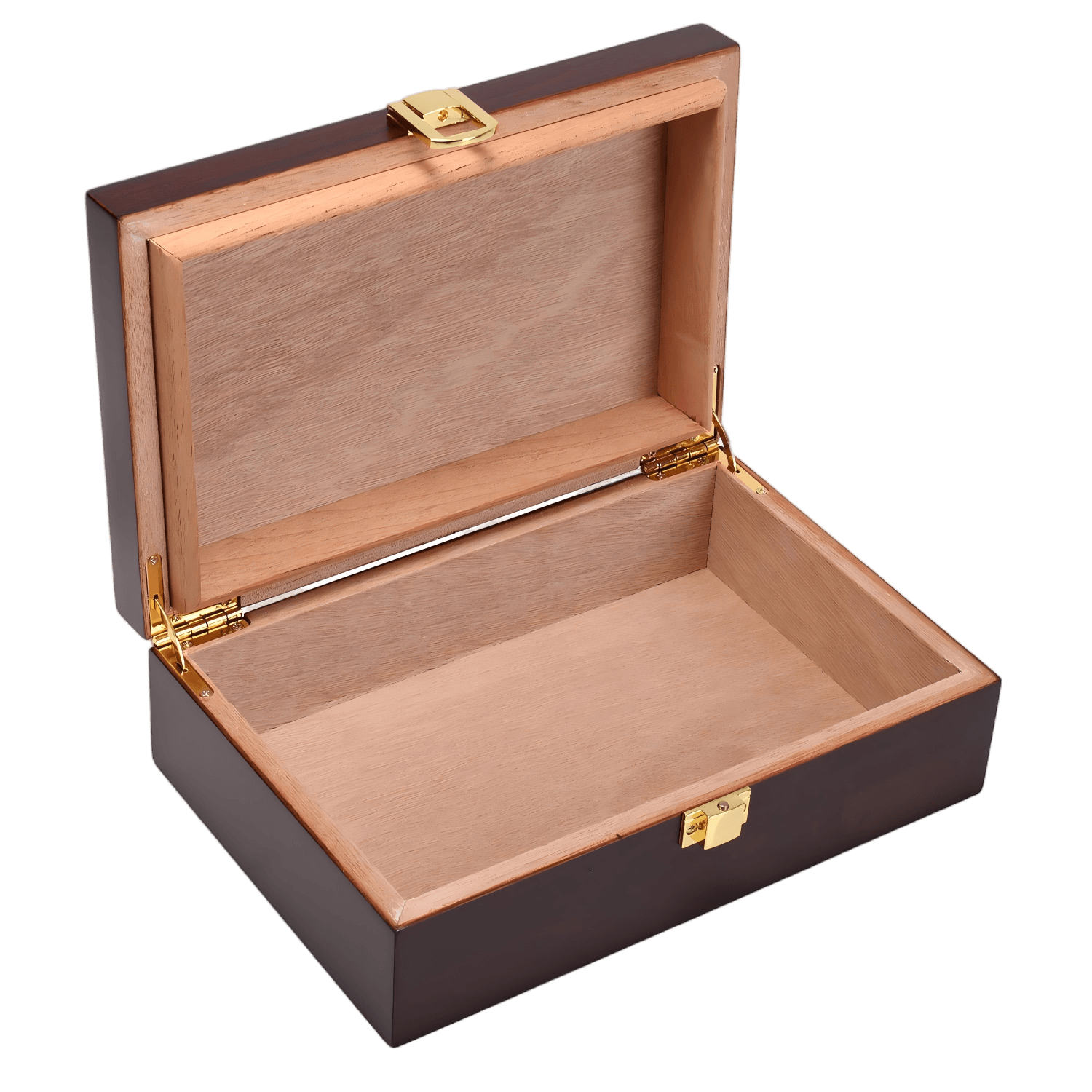 An empty, open cigar humidor revealing its full light brown cedar wood interior, with gold-colored metal hinges and a front clasp visible.