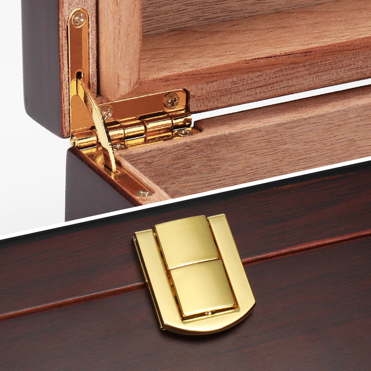 A split close-up of the cigar humidor’s gold-colored metal hinge (top) and front clasp (bottom), highlighting their polished finish and sturdy construction.