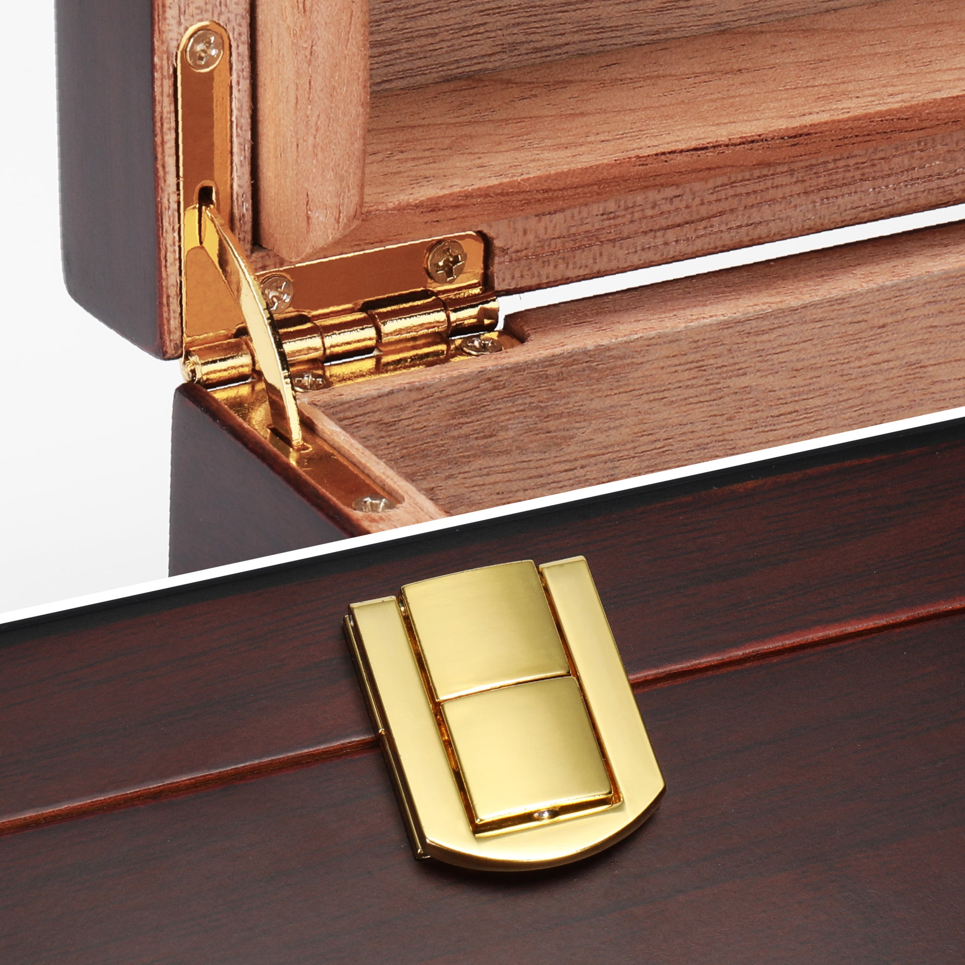 A split close-up of the cigar humidor’s gold-colored metal hinge (top) and front clasp (bottom), highlighting their polished finish and sturdy construction.