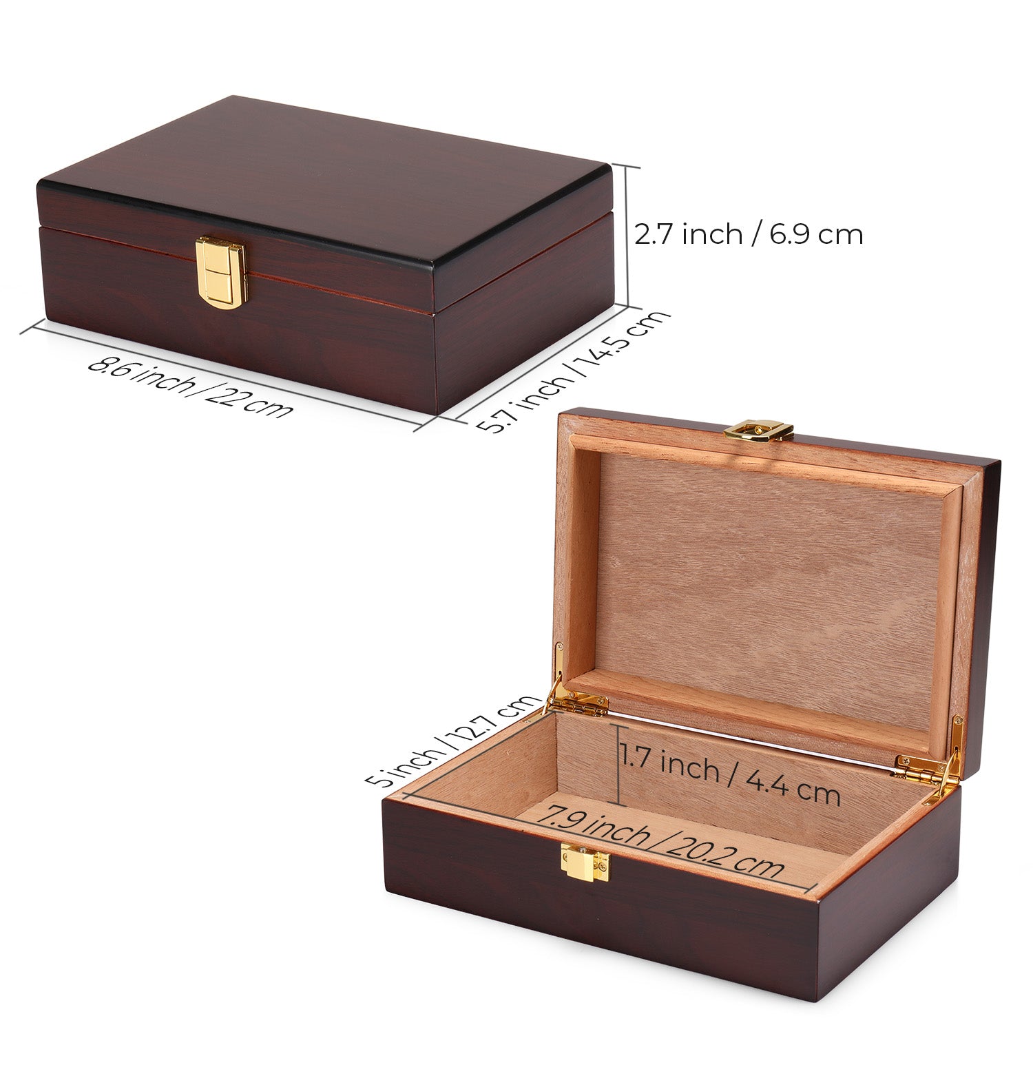 A two-view illustration of the cigar humidor: a closed view with external dimensions (8.6in/22cm × 5.7in/14.5cm × 2.7in/6.9cm) and an open view with internal dimensions (7.9in/20.2cm × 5in/12.7cm × 1.7in/4.4cm).