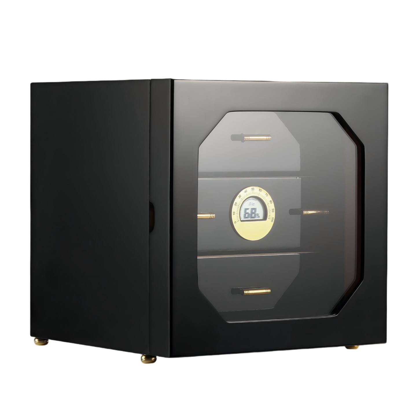 Glossy black 3-drawer cigar humidor with octagonal glass door, digital hygrometer, and gold hardware, ideal for premium cigar storage.